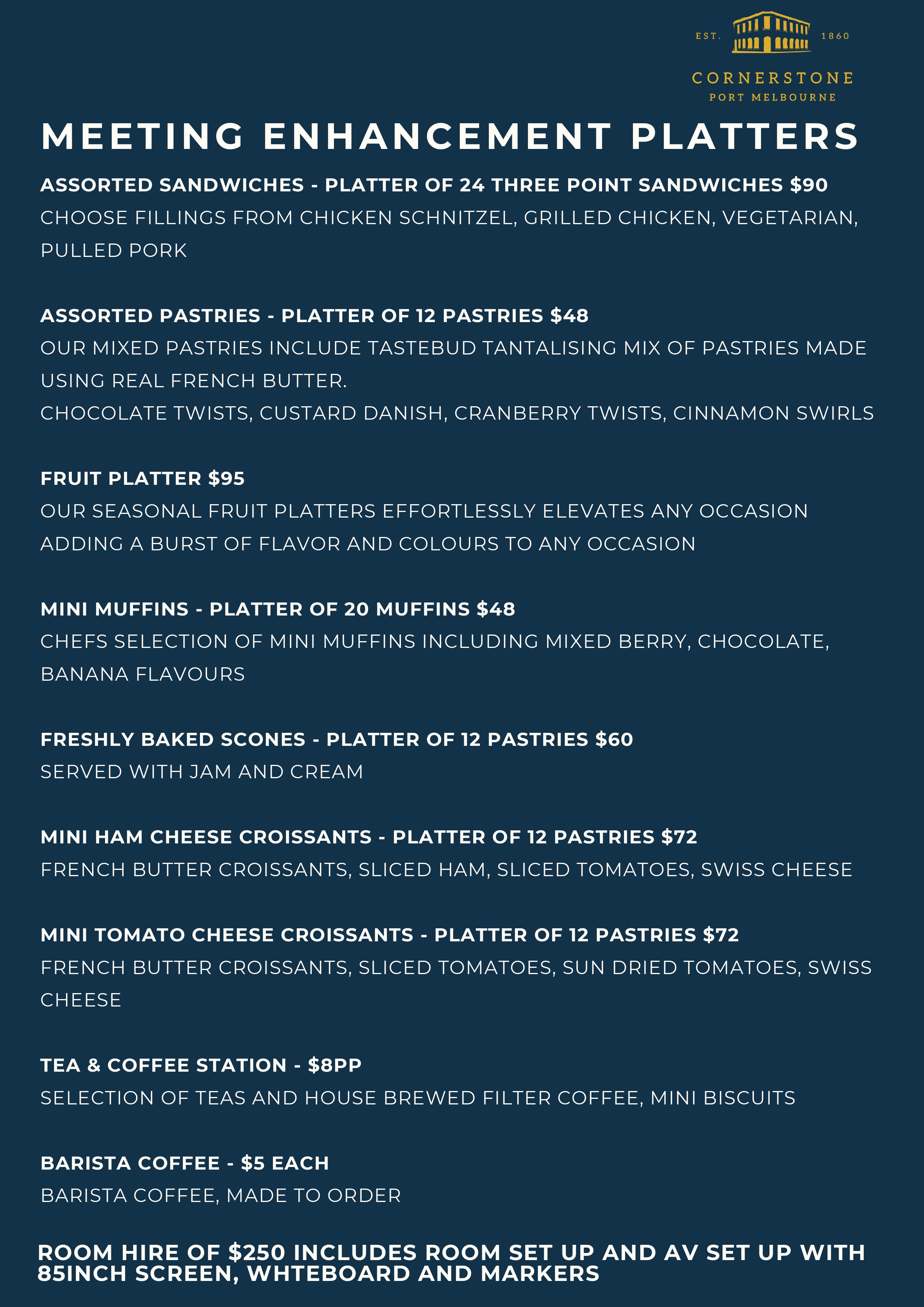 Cornerstone Pub events menu page 6 - final page of event catering menu with additional options, pricing, and booking information for functions